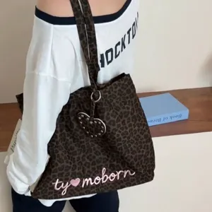 Women Canvas Tote Bag Large Capacity Leopard Print Shoulder Handbag Casual Commuting Tote Bag With Letter Embroidery