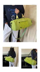 Green travel gym duffel bag with wet dry separation and mesh pocket for yoga and fitness use.