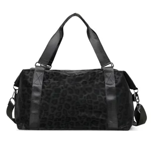 Black leopard print travel duffel bag, large capacity waterproof gym fitness bag for women.