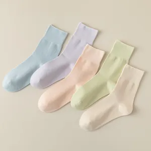 Solid color pastel mid-tube socks for women, soft combed cotton daily wear spring summer