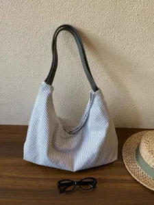 Casual blue and white striped canvas shoulder bag, Korean style daily underarm tote bag.