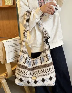 Retro ethnic plush rhombus color-blocking drawstring tote bag detail for women autumn