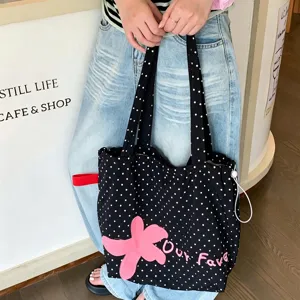 Korean polka dot canvas tote bag with pink flower embroidery casual shoulder bag for women.