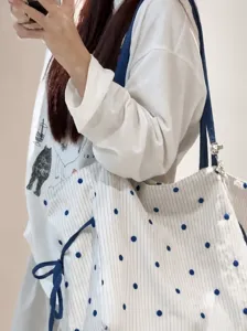 Summer casual blue polka dot canvas shoulder tote bag, lightweight everyday commuter bag.