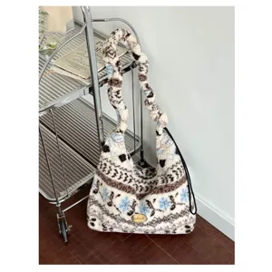 Retro ethnic plush tote bag fuzzy shoulder bag for women winter chic commuter fuzzy handbag