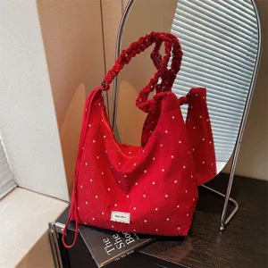Sac à épaule plissé à fleurs rouge pour femme, élégant cabas grande capacité avec lanière.