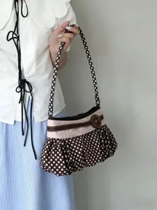 Retro polka dot underarm bag with cute wooden button and pleated cloud design for daily style.