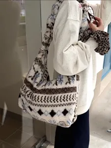 Vintage ethnic fleece shoulder bag for women autumn winter casual fluffy tote with adjustable strap