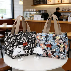 Canvas insulated lunch bag bento tote with cute cloud pendant for daily office work.