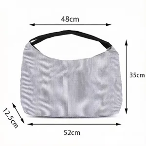Detailed dimension view of casual striped canvas tote bag, spacious hobo shoulder handbag.