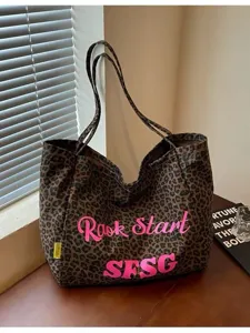 Borsa shopper in tela con stampa leopardata rétro grande capacità per lavoro quotidiano.