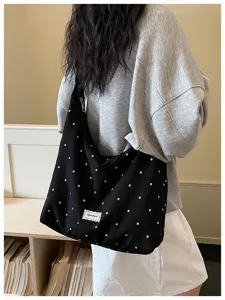 Sac à bandoulière en toile décontracté noir style coréen grand sac cabas fleuri femme.