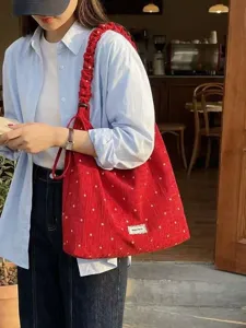 Sac à bandoulière en velours côtelé rouge fleurs volants grand cabas style coréen décontracté
