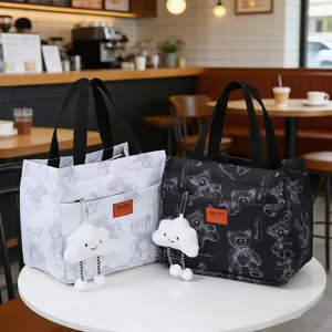 Insulated lunch bag canvas portable bento box holder cute bear pattern waterproof lining