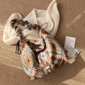 Vintage Ethnic Geometric Plush Tote Bag Women Winter Warm Drawstring Shoulder Handbag Chic