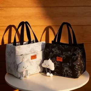 Canvas lunch bag insulated bento bag cute bear pattern portable picnic office food storage pouch