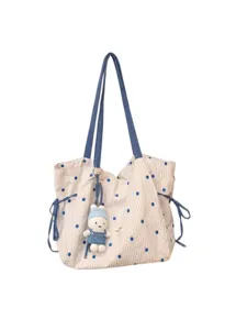 Women Canvas Tote Bag Casual Blue Polka Dot Shoulder Bag Lightweight Commute Handbag Large Capacity Travel Bag