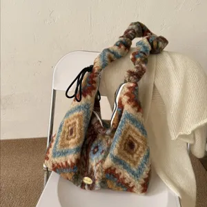 Ethnic retro contrast color plush drawstring tote bag, autumn winter vintage shoulder commuting bag.