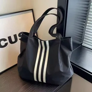 Women Large Capacity Tote Bag Casual Striped Shoulder Bag Large Canvas Travel Handbag Portable Storage Tote