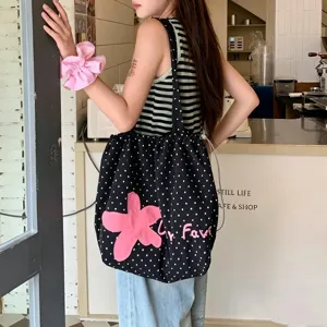 Korean style polka dot canvas shoulder bag with pink flower embroidery, casual tote bag.