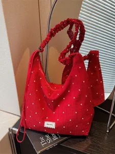 Sac bandoulière en velours côtelé rouge avec imprimé floral blanc, sac fourre-tout plissé pour femmes.