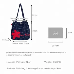 Korean style polka dot canvas tote bag size chart with detailed dimensions and measurements.