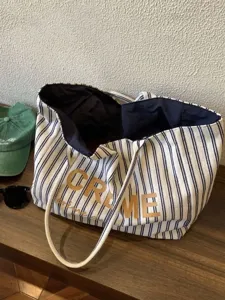 French Style Canvas Tote Bag Large Capacity Casual Striped Shoulder Bag Double Strap Handbag For Women