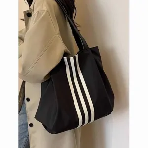 Simple striped black canvas tote bag, fashion large capacity shoulder bag for women daily use.