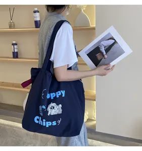 Lässige dunkelblaue Canvas Tote Tasche für Damen, süßer Welpen Print Alltag Schultertasche.