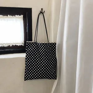 Women Canvas Tote Bag Black White Polka Dot Casual Large Capacity Shoulder Bag Retro Commute Handbag With Leather Strap