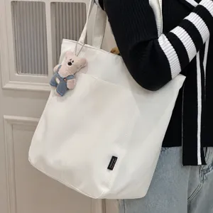 Japanese ins style simple casual canvas tote bag with bear pendant large capacity shoulder bag