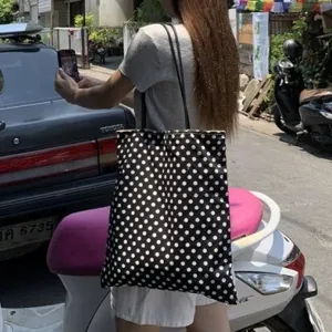 Classic black and white polka dot tote bag, casual large capacity shoulder bag for daily commute.