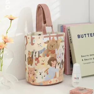 Bolso de Cubo de Lona con Estampado de Oso de Dibujos Animados de Pintura al Óleo Vintage Bolsas de Mano Casuales para Mujer Gran Capacidad
