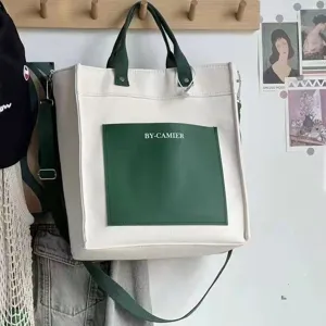 Casual Canvas Tote Bag with Green Pocket and Strap, Stylish Handbag Crossbody Shoulder Bag