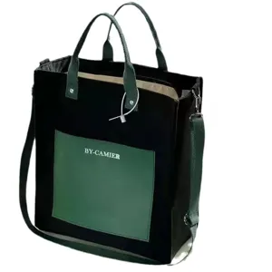 Black green canvas tote bag casual shoulder crossbody bag with zipper and front pocket.