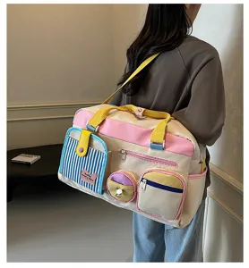 Grosse Kapazitaet Dopamin Farbblock Reise Duffle Bag Damen Sport Fitness Wochenendtasche.