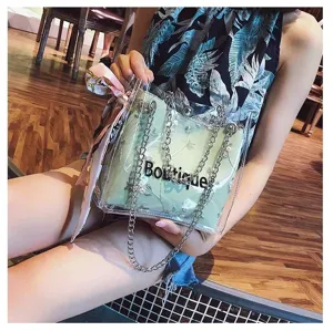 Transparent jelly crossbody bag detail showcasing PVC material and chain strap design.