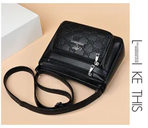 Classic black leather quilted crossbody shoulder bag with multi-pocket and metal logo accent.