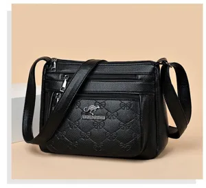 Black soft leather shoulder bag for women, multi-pocket stylish crossbody bag with bow.