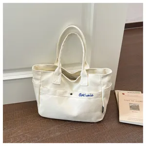 Canvas tote bag large capacity shoulder bag casual minimalist solid color handbag for daily use