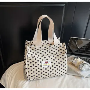Black and white polka dot canvas handbag, large capacity tote bag for daily commute, work.
