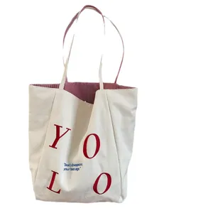 Casual canvas tote bag with red embroidered letters, large capacity shoulder bag for women.