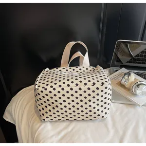 Canvas handbag with classic black and white polka dots, large capacity daily tote bag.