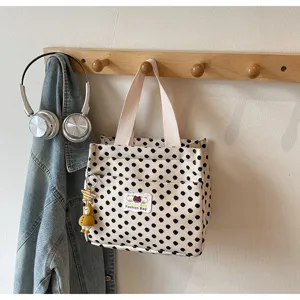 Canvas tote bag polka dot lunch handbag casual student work bento bag with cute pendant