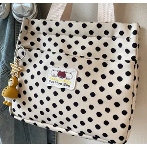 Canvas tote bag for women, cute polka dot design with front pocket and pendant, daily use.