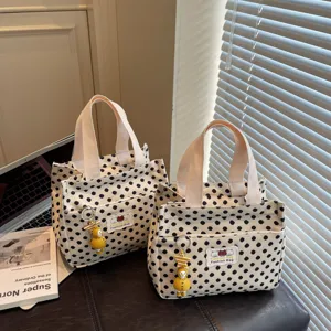 Canvas polka dot lunch bag, large capacity canvas tote handbag for women and students.