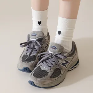 Women cute cotton mid tube socks with black heart embroidery white casual stacked socks