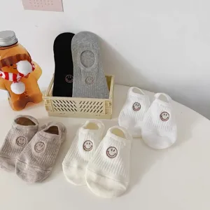 Women's Combed Cotton Invisible Boat Socks Summer Thin Japanese Smile Embroidery Anti-Slip Low Cut No Show Socks