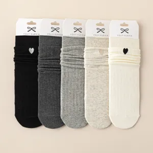 Women autumn winter slouch socks cotton embroidered heart cute casual hosiery set 5 pairs