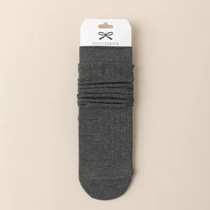 Women cute cotton slouch socks winter dark grey mid tube socks with heart embroidery main view